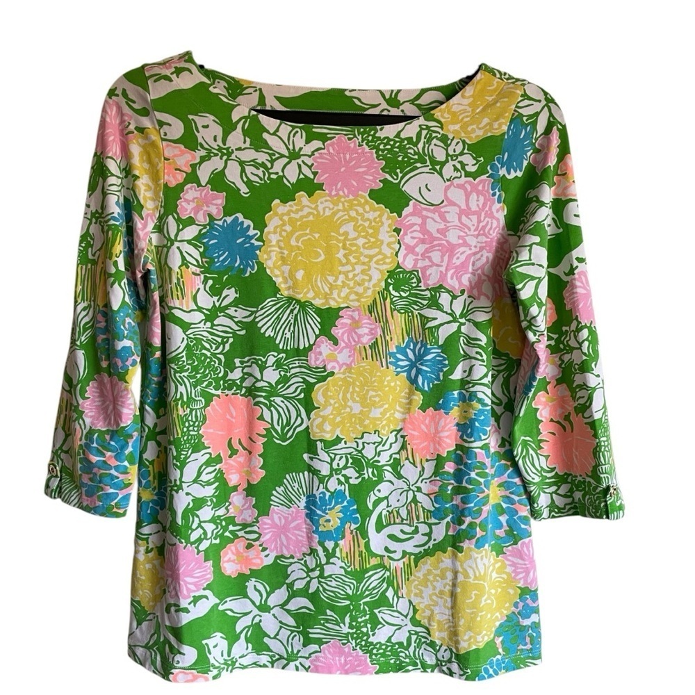 Lilly‎ Pulitzer Julie Hibiscus Stroll Top 3/4 Sleeves Stretch Size Medium